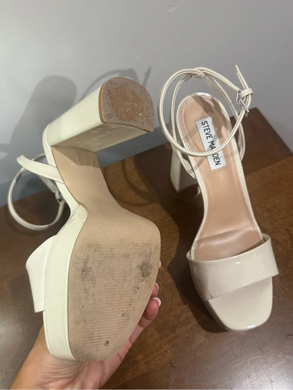 Steve Madden Ivory Patent Platform Sandals with Ankle Strap